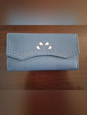 Women’s Blue Pebbled Cowhide Split Leather Wallet Clutch with Decorative Cutouts